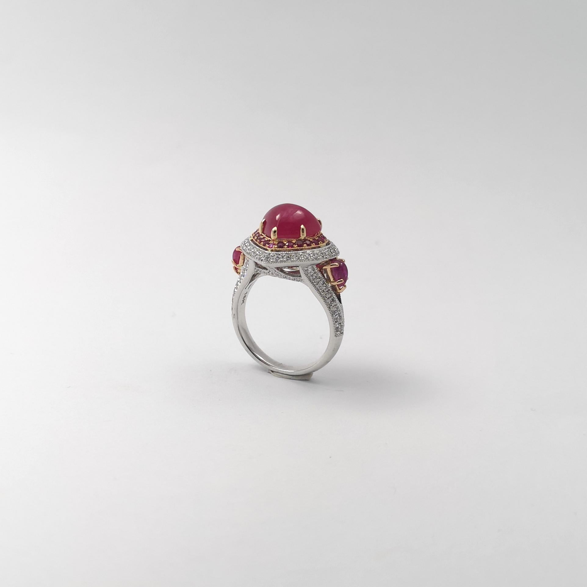 Cabochon Ruby, Ruby and Diamond Heart Ring set in 18K White/Rose Gold Settings For Sale 4