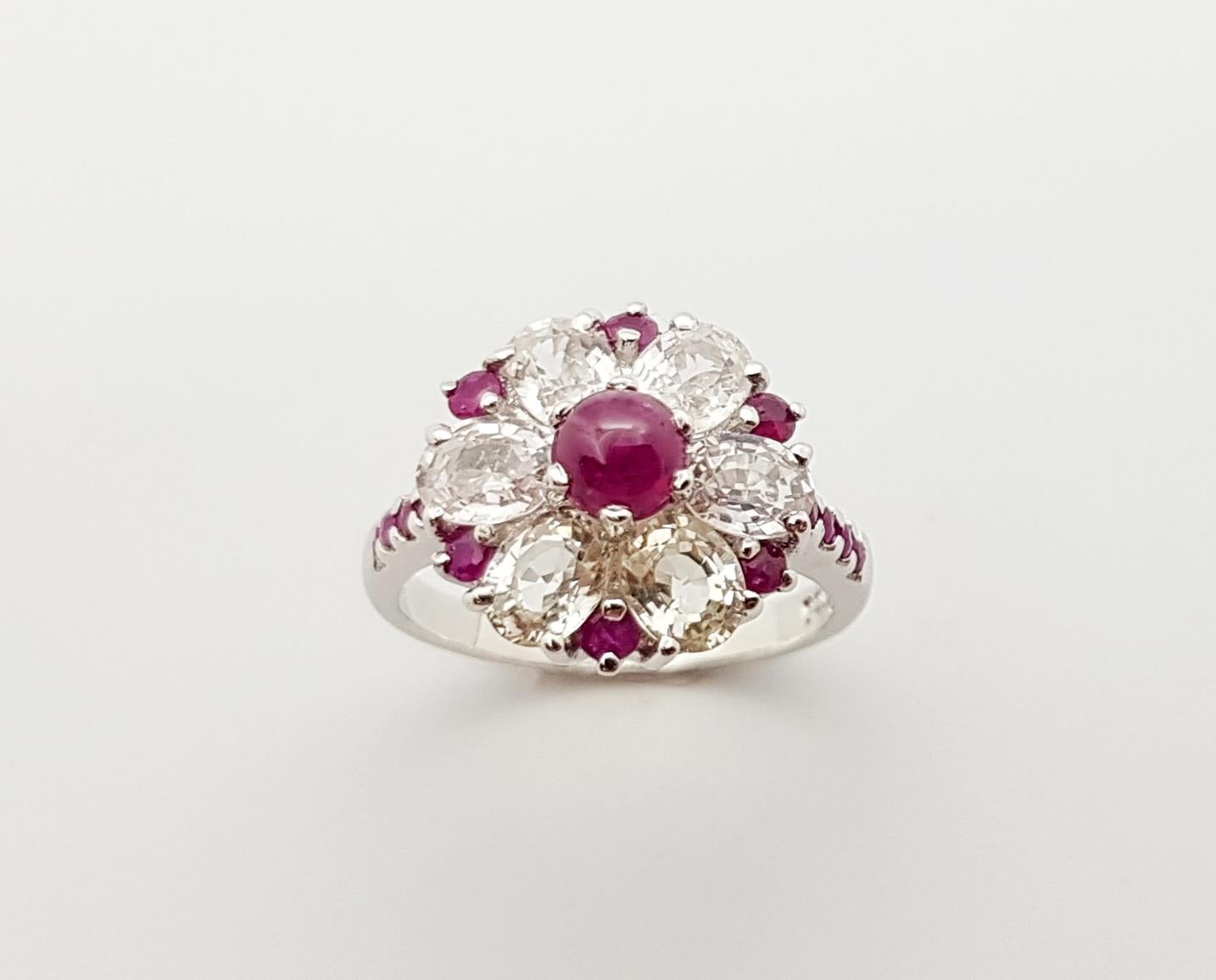 Cabochon Ruby , Ruby and White Sapphire Ring set in Silver Settings For Sale 11
