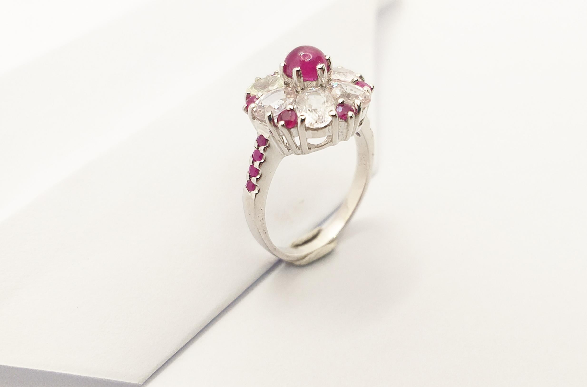 Cabochon Ruby , Ruby and White Sapphire Ring set in Silver Settings For Sale 3