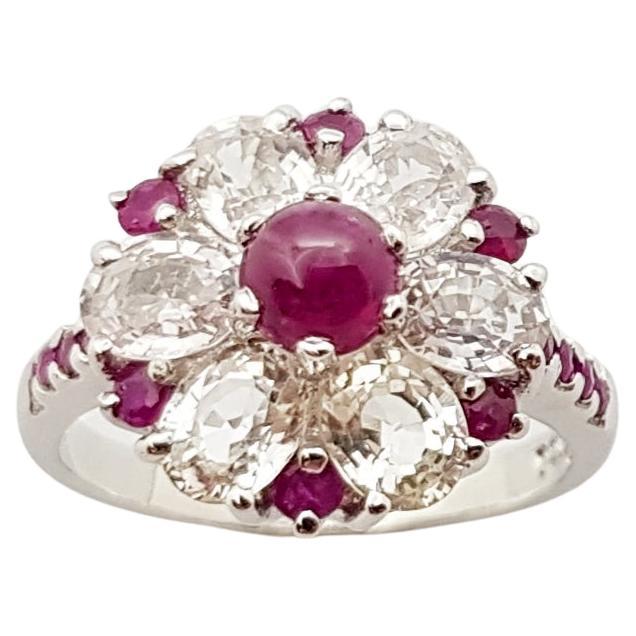 Cabochon Ruby , Ruby and White Sapphire Ring set in Silver Settings For Sale