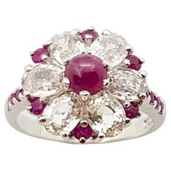 Cabochon Ruby , Ruby and White Sapphire Ring set in Silver Settings