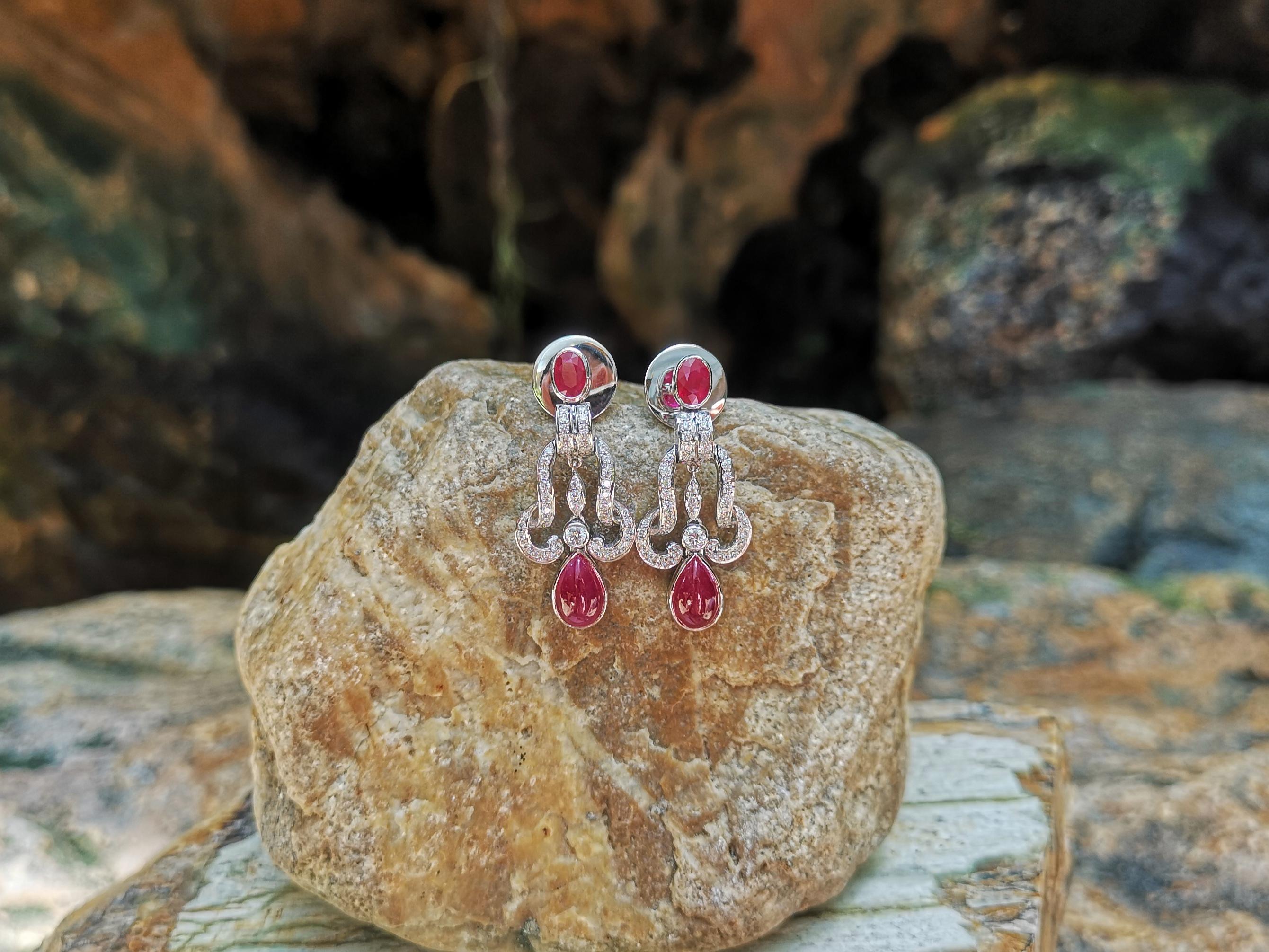 Contemporary Cabochon Ruby, Ruby with Diamond Earrings Set in 18 Karat White Gold Settings For Sale