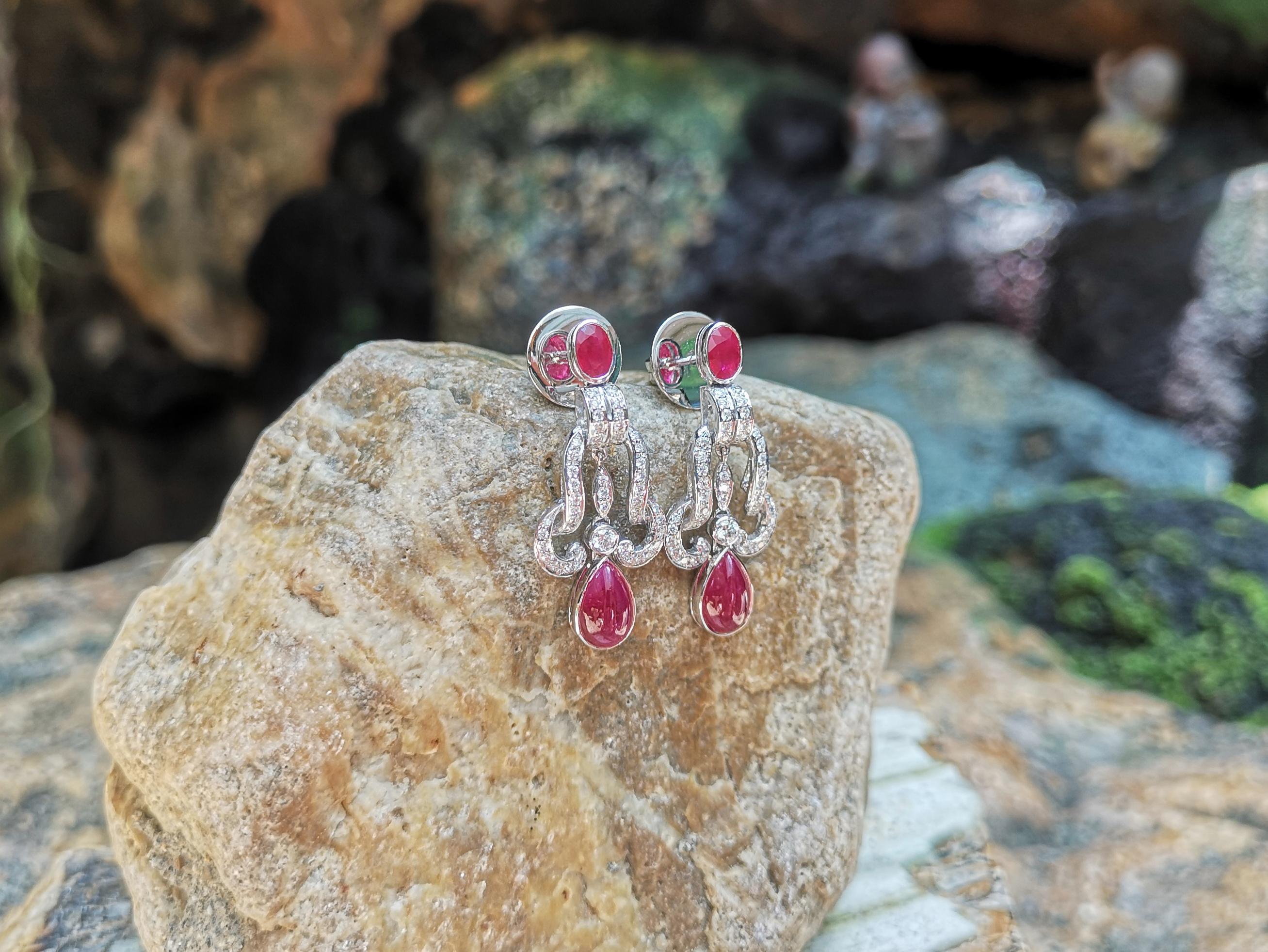 Mixed Cut Cabochon Ruby, Ruby with Diamond Earrings Set in 18 Karat White Gold Settings For Sale