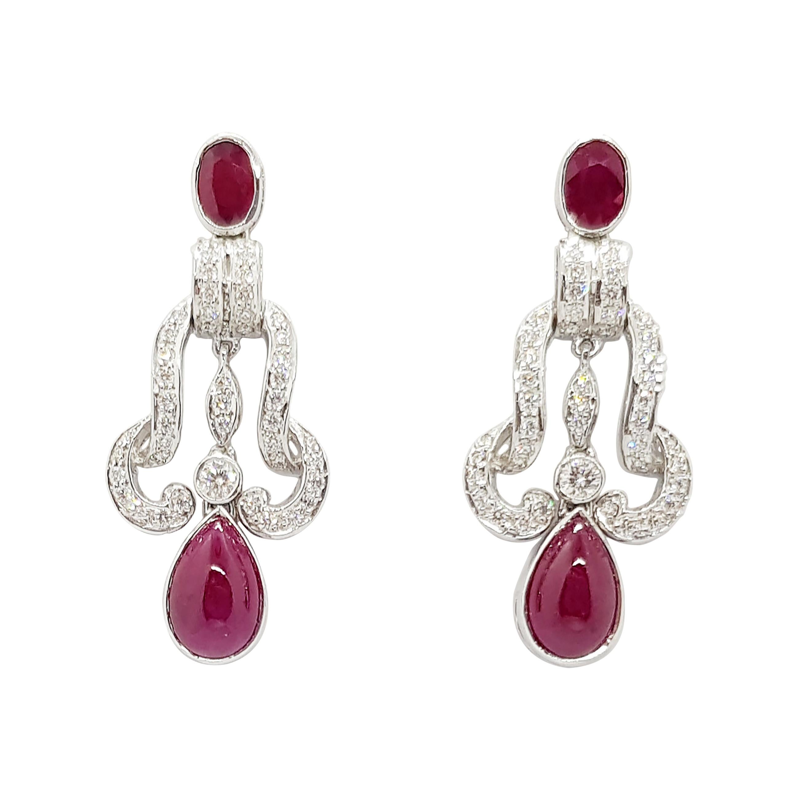 Cabochon Ruby, Ruby with Diamond Earrings Set in 18 Karat White Gold Settings For Sale