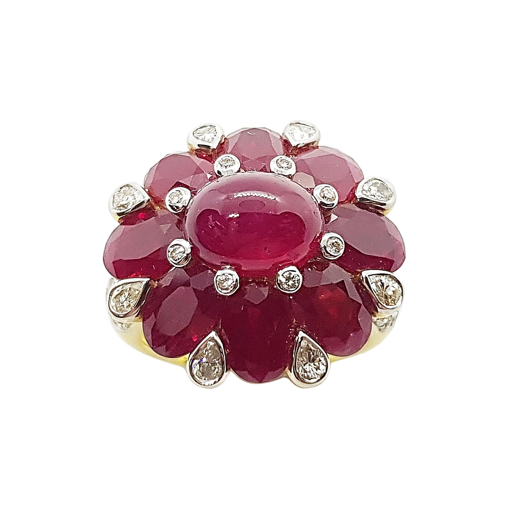 Cabochon Ruby, Ruby with Diamond Ring Set in 18 Karat Gold Settings For Sale