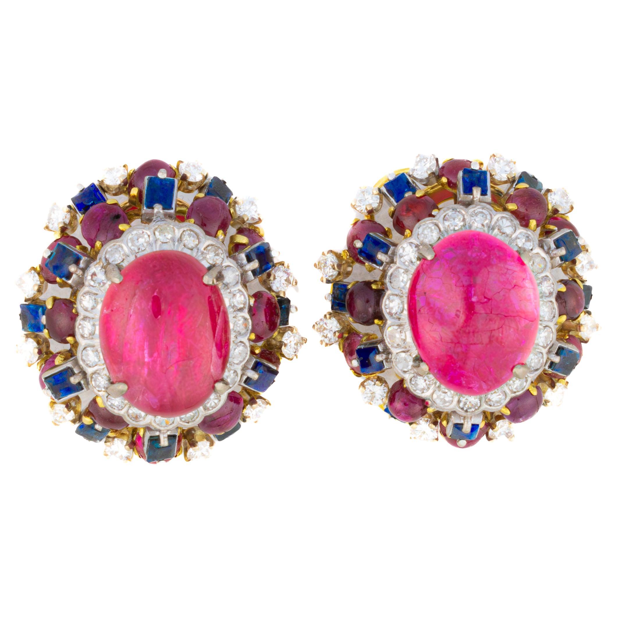 Cabochon Rubin, Saphir und Diamant Cluster-Ohrringe