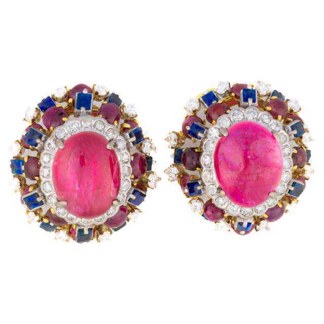 Vintage gold ruby sapphire glass cabochon rhinestone designer runway ...