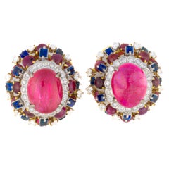 Cabochon Rubin, Saphir und Diamant Cluster-Ohrringe