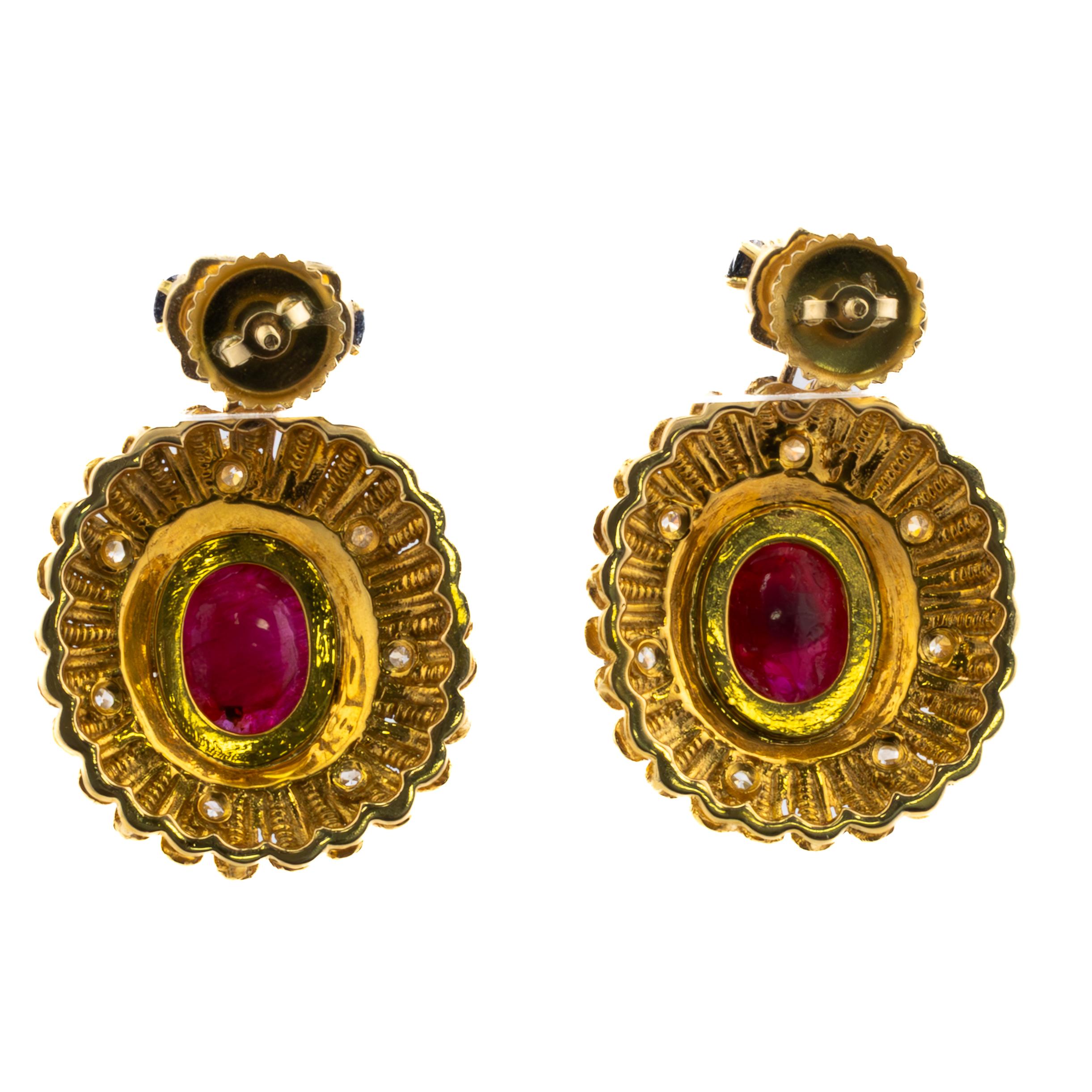 Pendientes Cabujón Rubí, Zafiro y Diamante Retro en venta