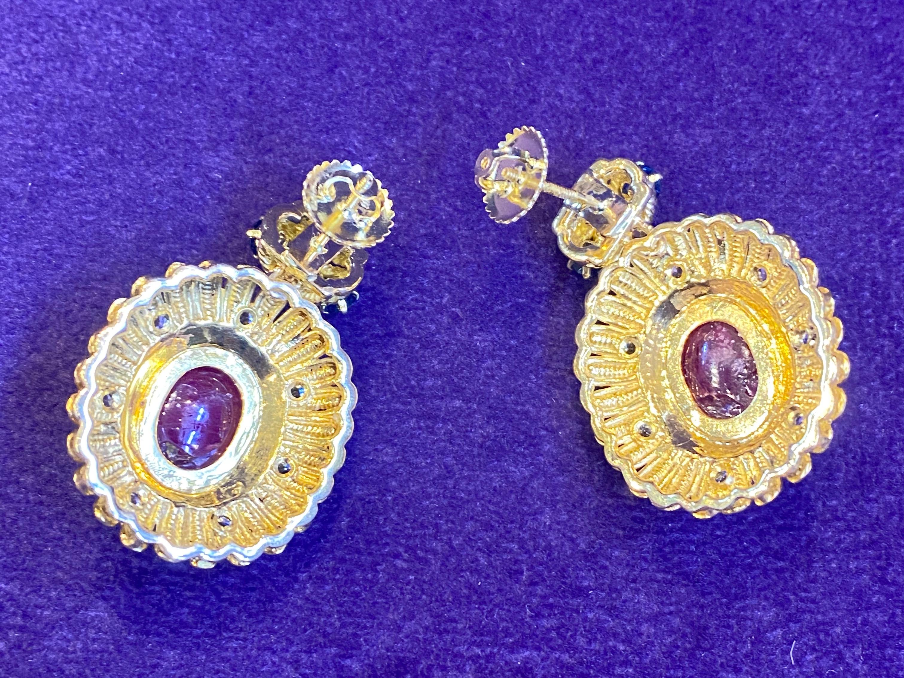 Women's Cabochon Ruby, Sapphire & Diamond Earrings For Sale