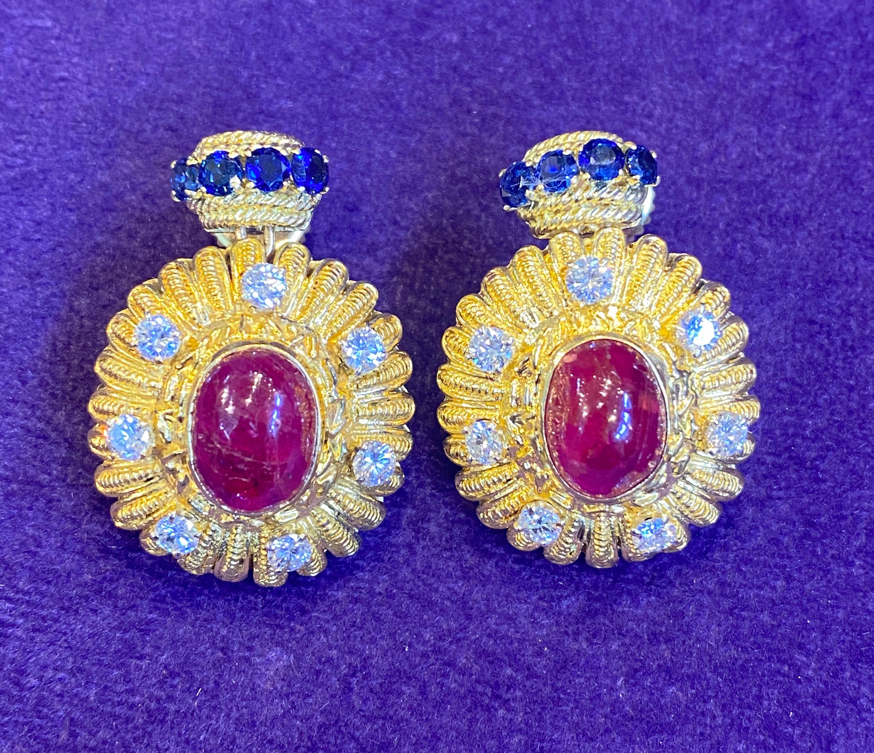Cabochon Ruby, Sapphire & Diamond Earrings For Sale 1