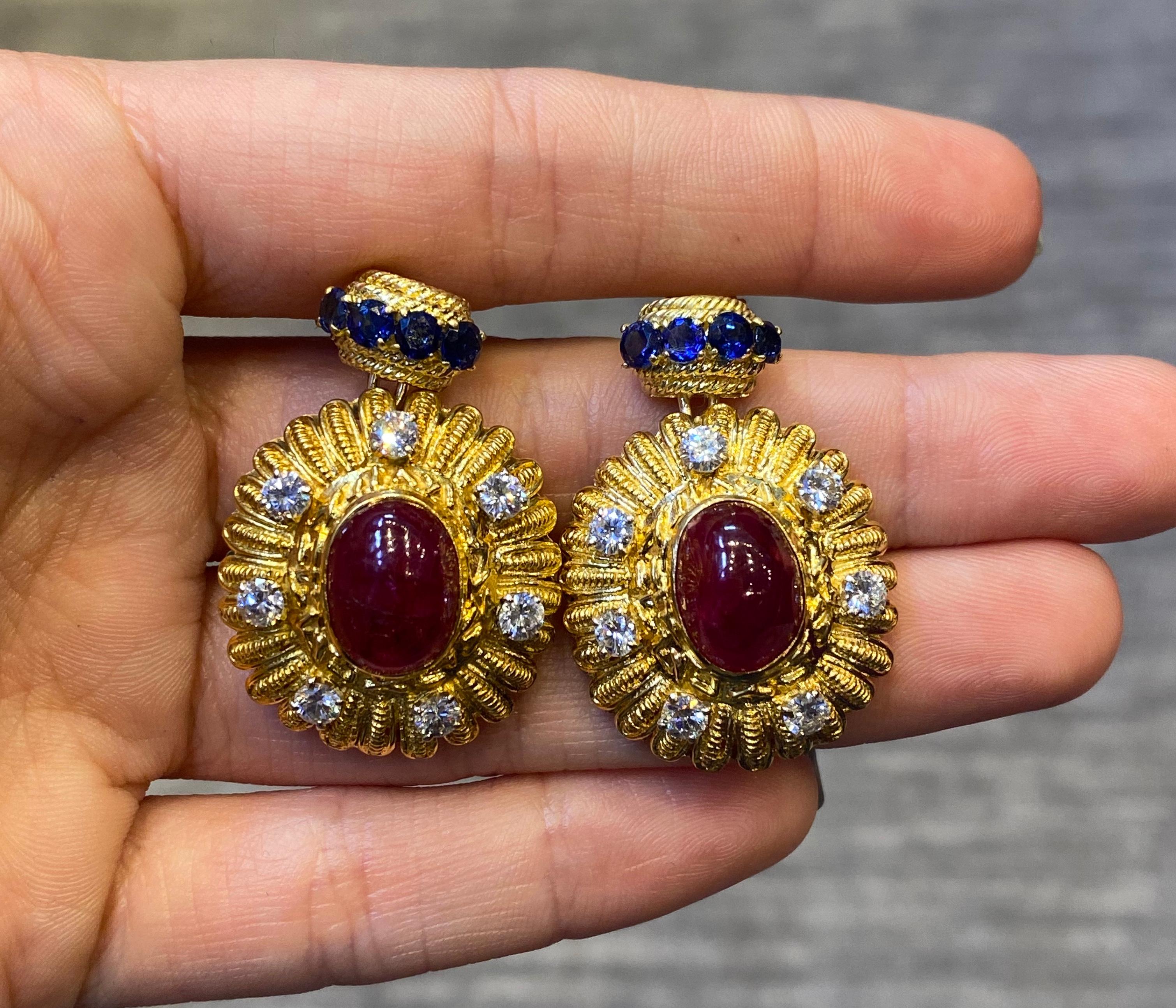 Cabochon Ruby, Sapphire & Diamond Earrings For Sale 2