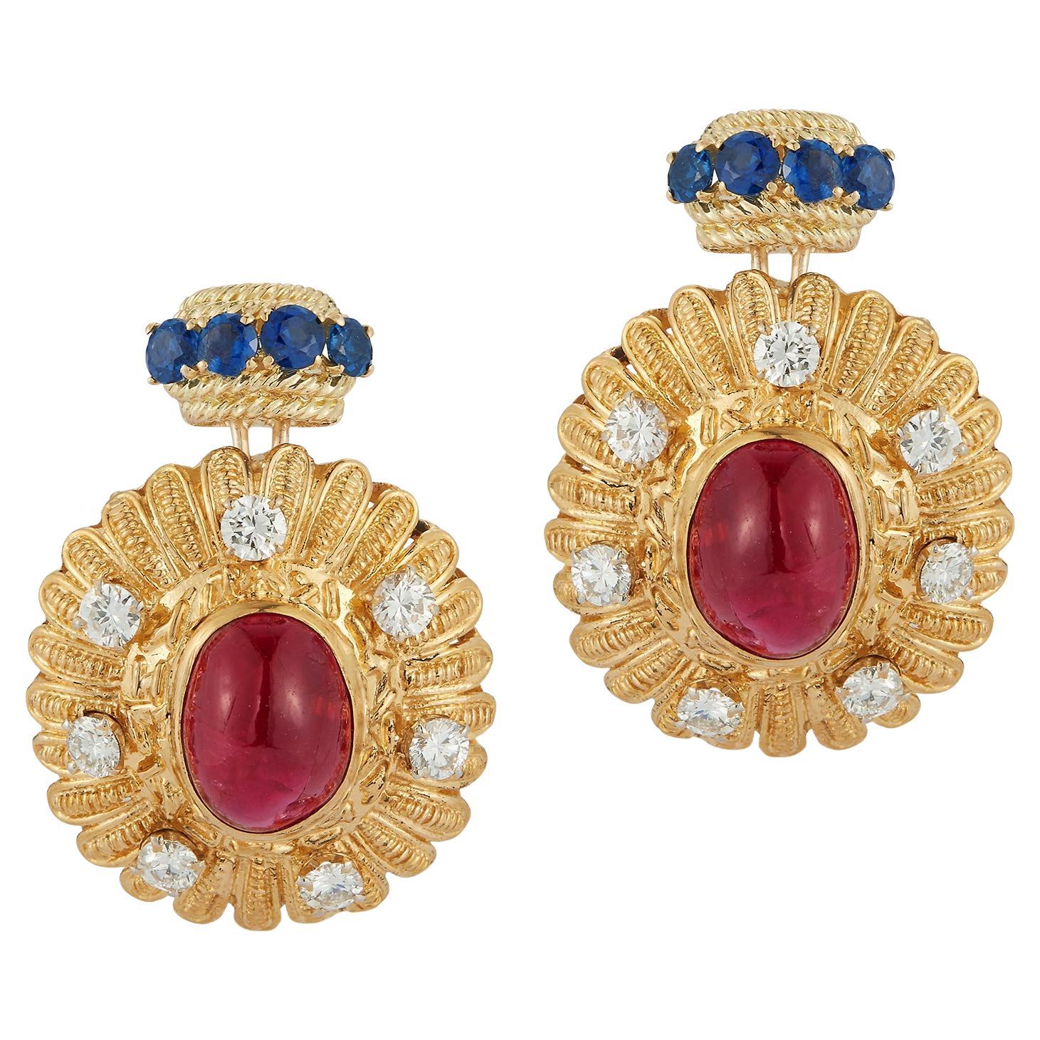 Pendientes Cabujón Rubí, Zafiro y Diamante en venta