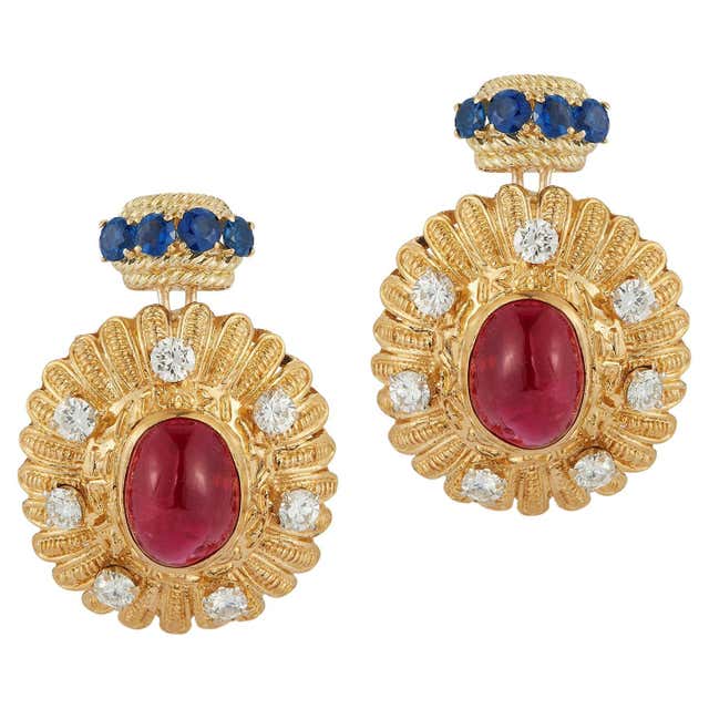 Vintage gold ruby sapphire glass cabochon rhinestone designer runway ...