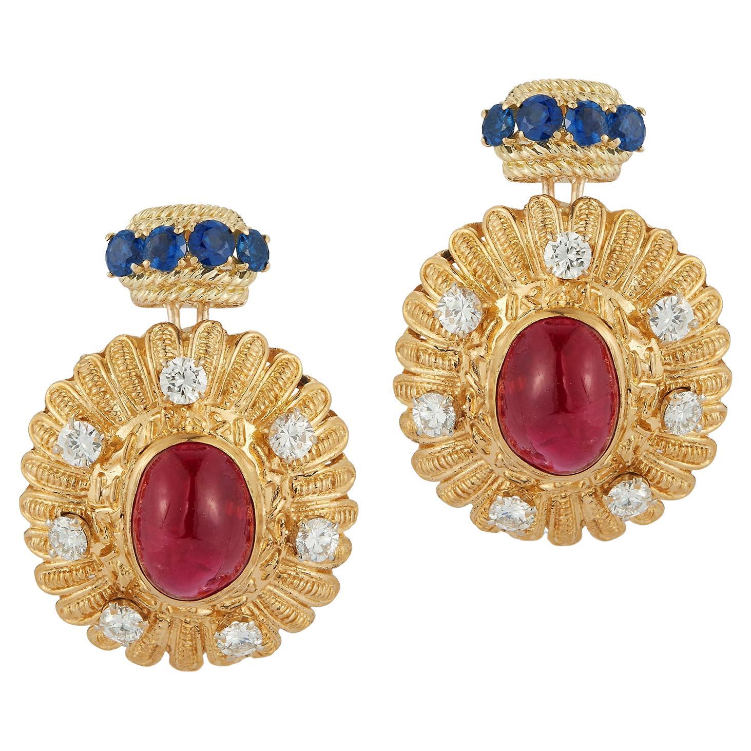 Cabochon Ruby, Sapphire & Diamond Earrings For Sale