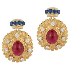 Cabochon Ruby, Sapphire & Diamond Earrings