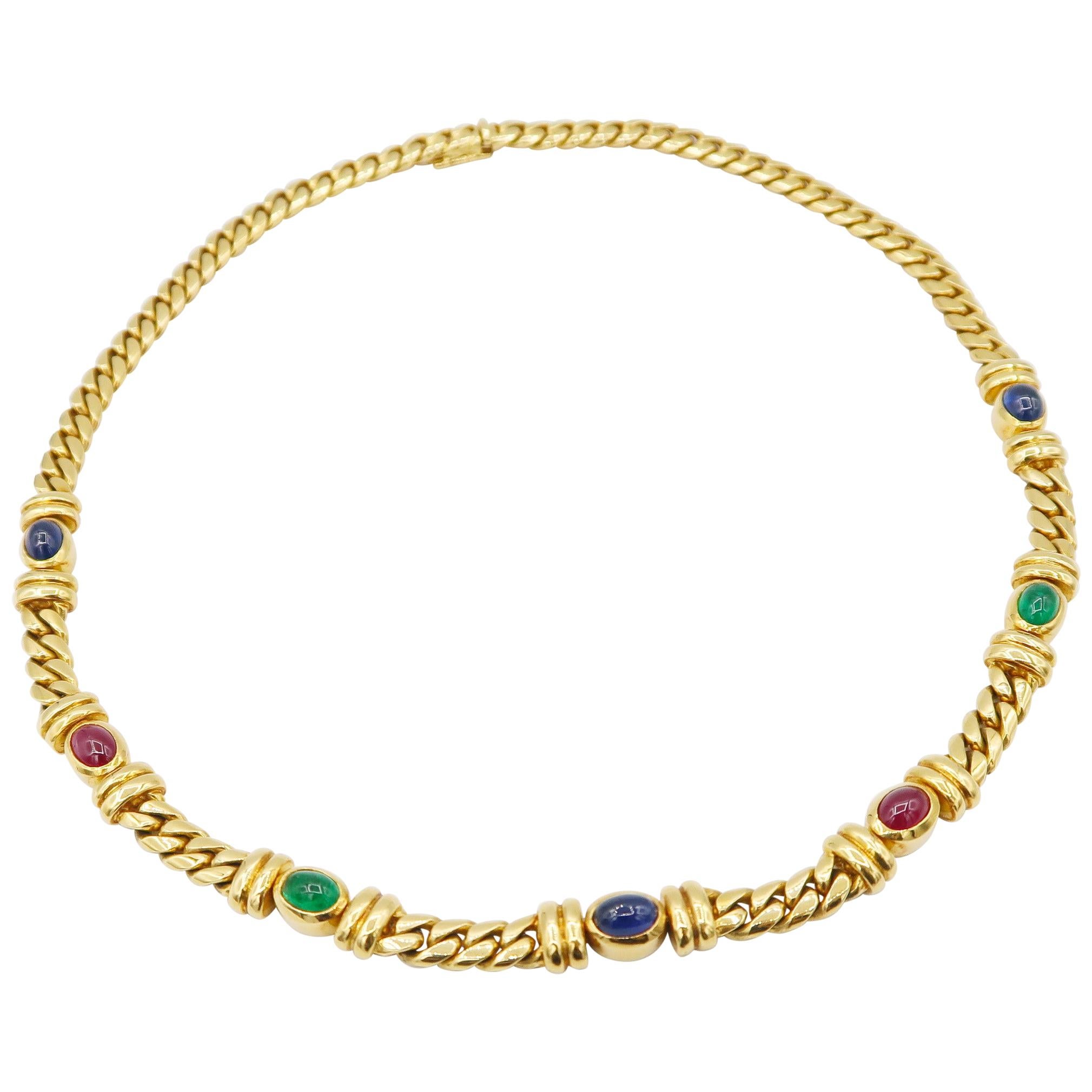 Cabochon Ruby Sapphire Emerald 18K Gold Curb Chain Necklace with Invisible Clasp For Sale