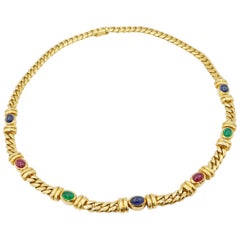 Cabochon Ruby Sapphire Emerald 18K Gold Curb Chain Necklace with Invisible Clasp