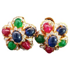 Antique Cabochon Ruby, Sapphire & Emerald Flower Cluster Earrings with White Diamonds