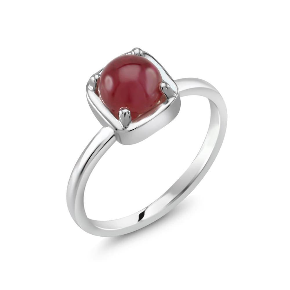 Sterling Silver solitaire cabochon ruby solitaire ring 
Round cabochon ruby weighing 2.50 carats
Cabochon emerald measuring 6 millimeter
Ring finger size 5
New Ring
The ring cannot be resized 
Yellow gold plate
Handmade in the USA
