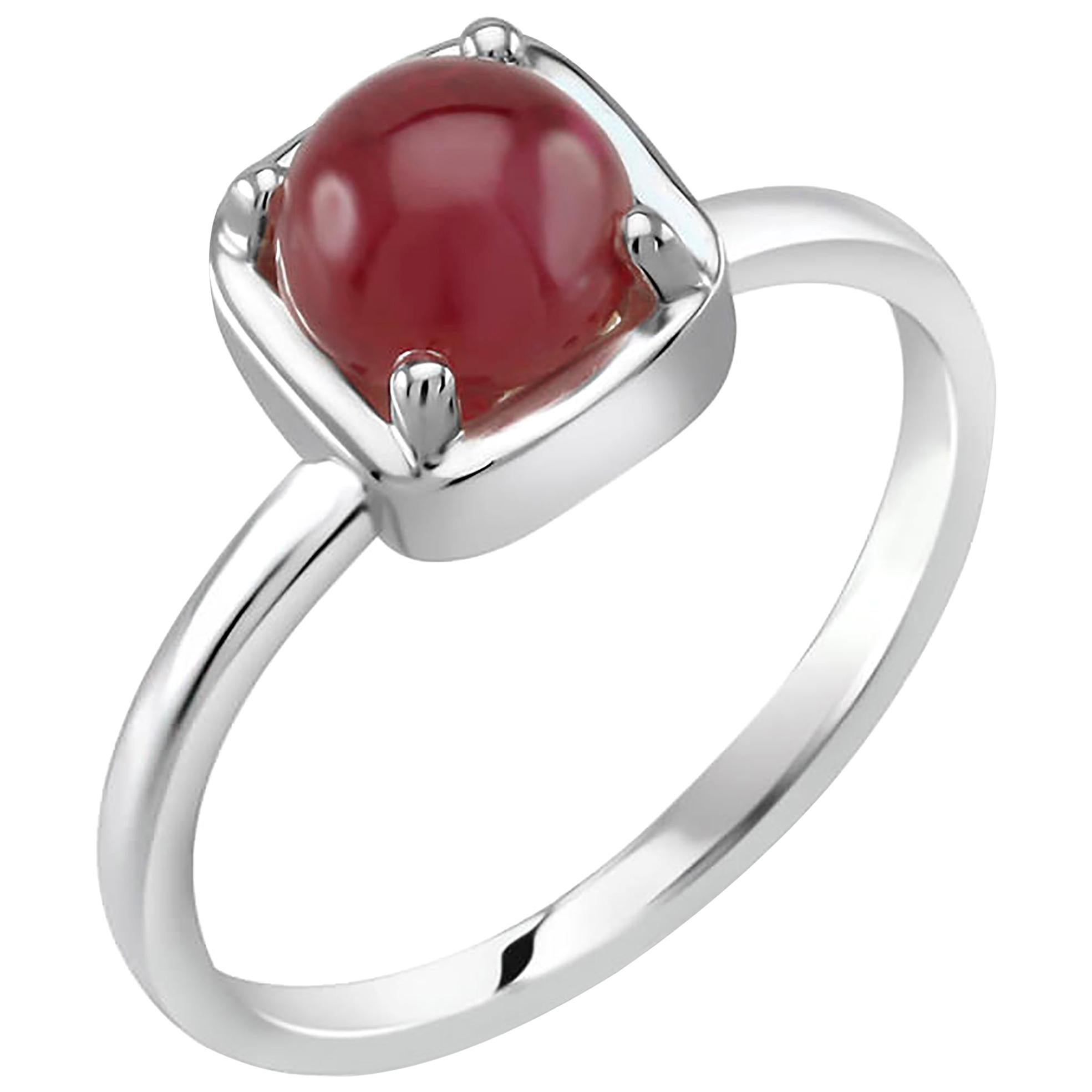 Cabochon Ruby Solitaire Sterling Silver Ring White Gold Plate