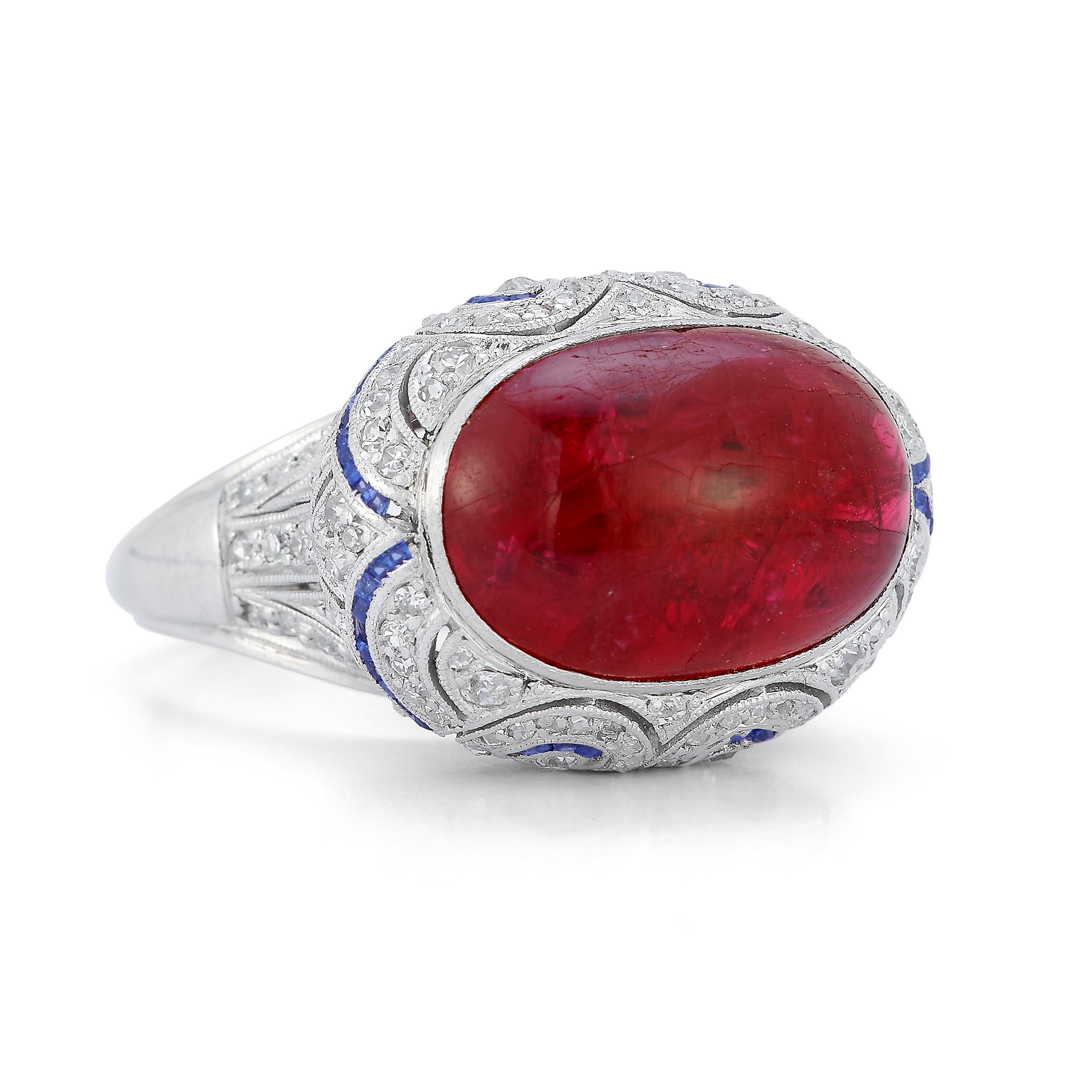 Cabochon Ruby White Gold Ring

An approximately 16.23ct cabochon ruby set atop 14k white gold accented by pave diamonds and sapphires

Diamond total approximate weight: 1.3ct

Ring Size: 7.5