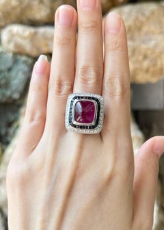 Cabochon Ruby with Black Sapphire and Diamond Ring set in 18K White Gold Setting