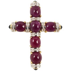 Cabochon Ruby with Blue Sapphire and Diamond Cross Pendant Set in 18 Karat Gold