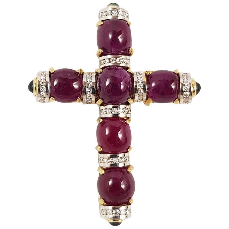 Cabochon Ruby with Blue Sapphire and Diamond Cross Pendant Set in 18 Karat Gold For Sale