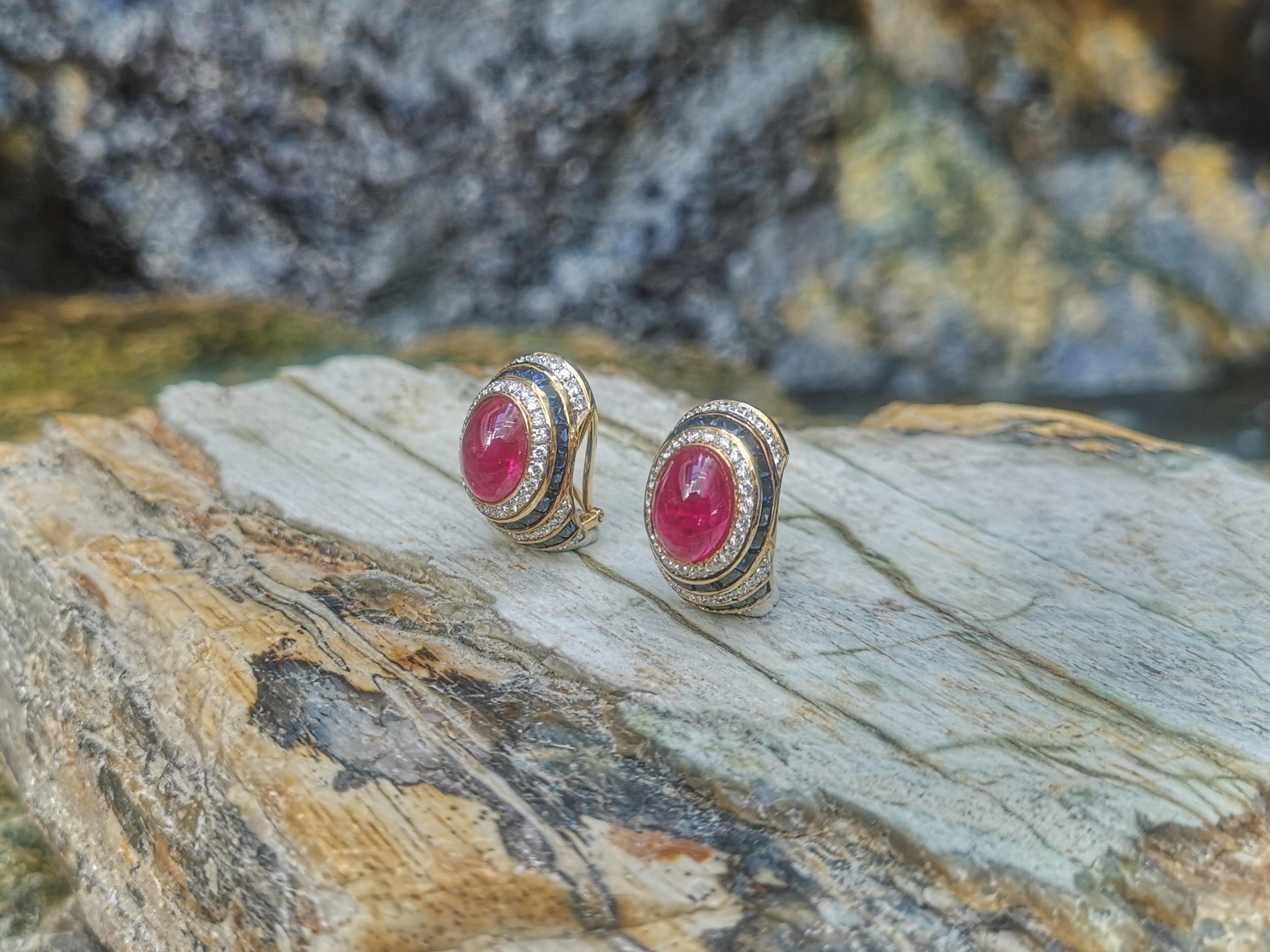 Mixed Cut Cabochon Ruby with Blue Sapphire and Diamond Earrings in 18 Karat Gold Settings For Sale