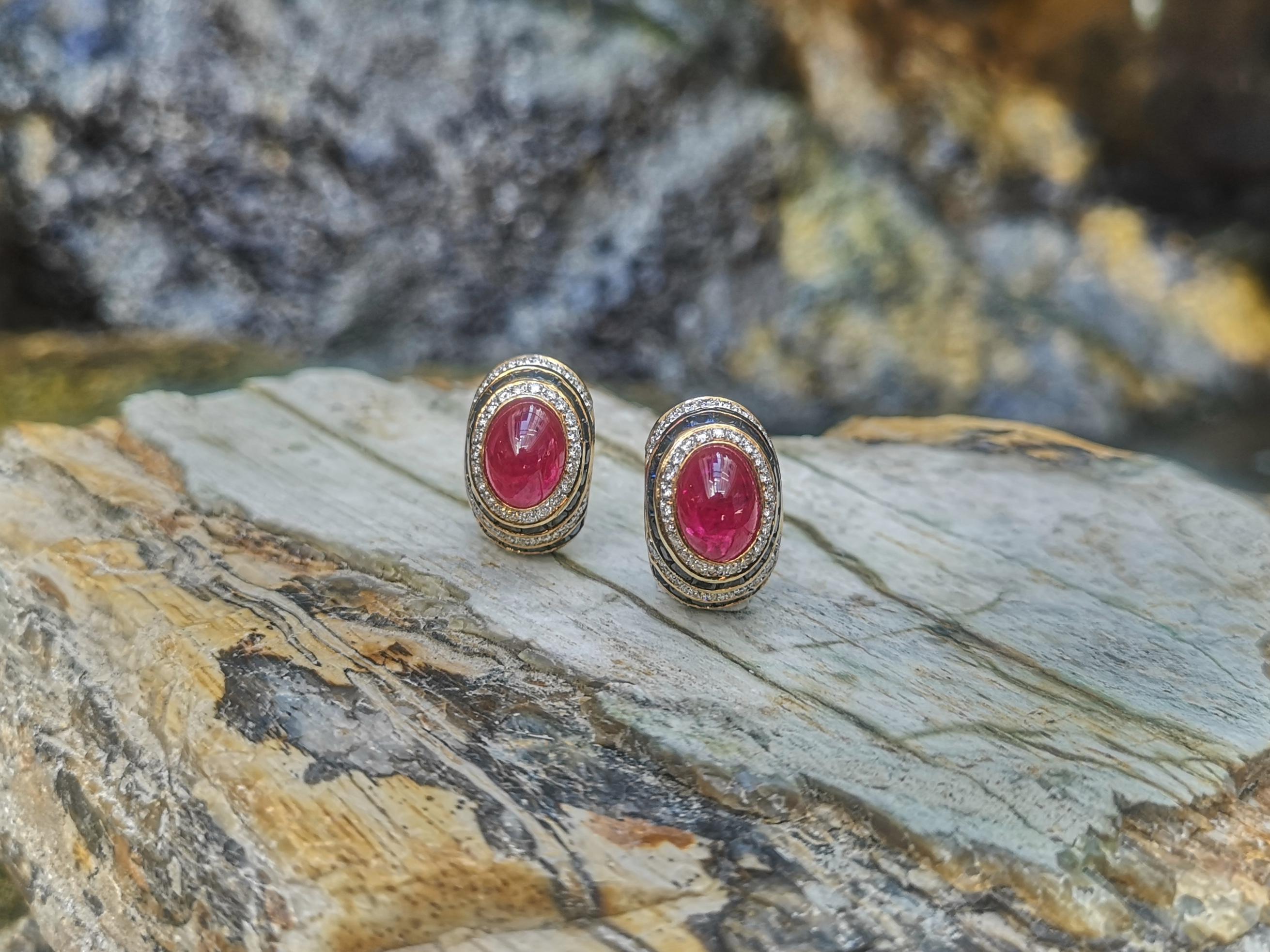 Cabochon Ruby with Blue Sapphire and Diamond Earrings in 18 Karat Gold Settings In New Condition For Sale In Bangkok, TH