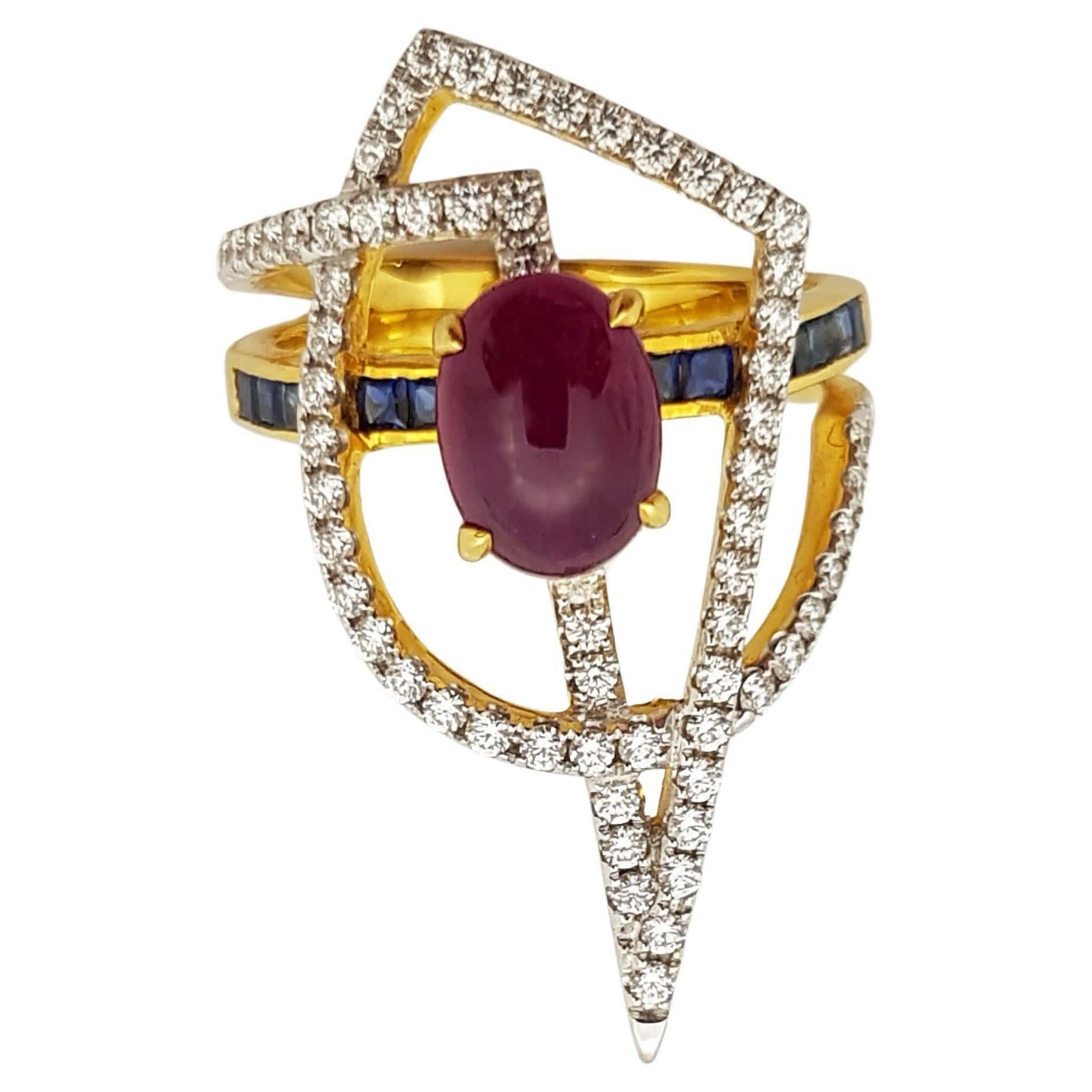 Cabochon Ruby with Blue Sapphire and Diamond Ring set in 18 Karat Gold Settings For Sale