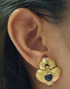 Cabochon Ruby with Cabochon Blue Sapphire Earrings Set in 18 Karat Gold Settings