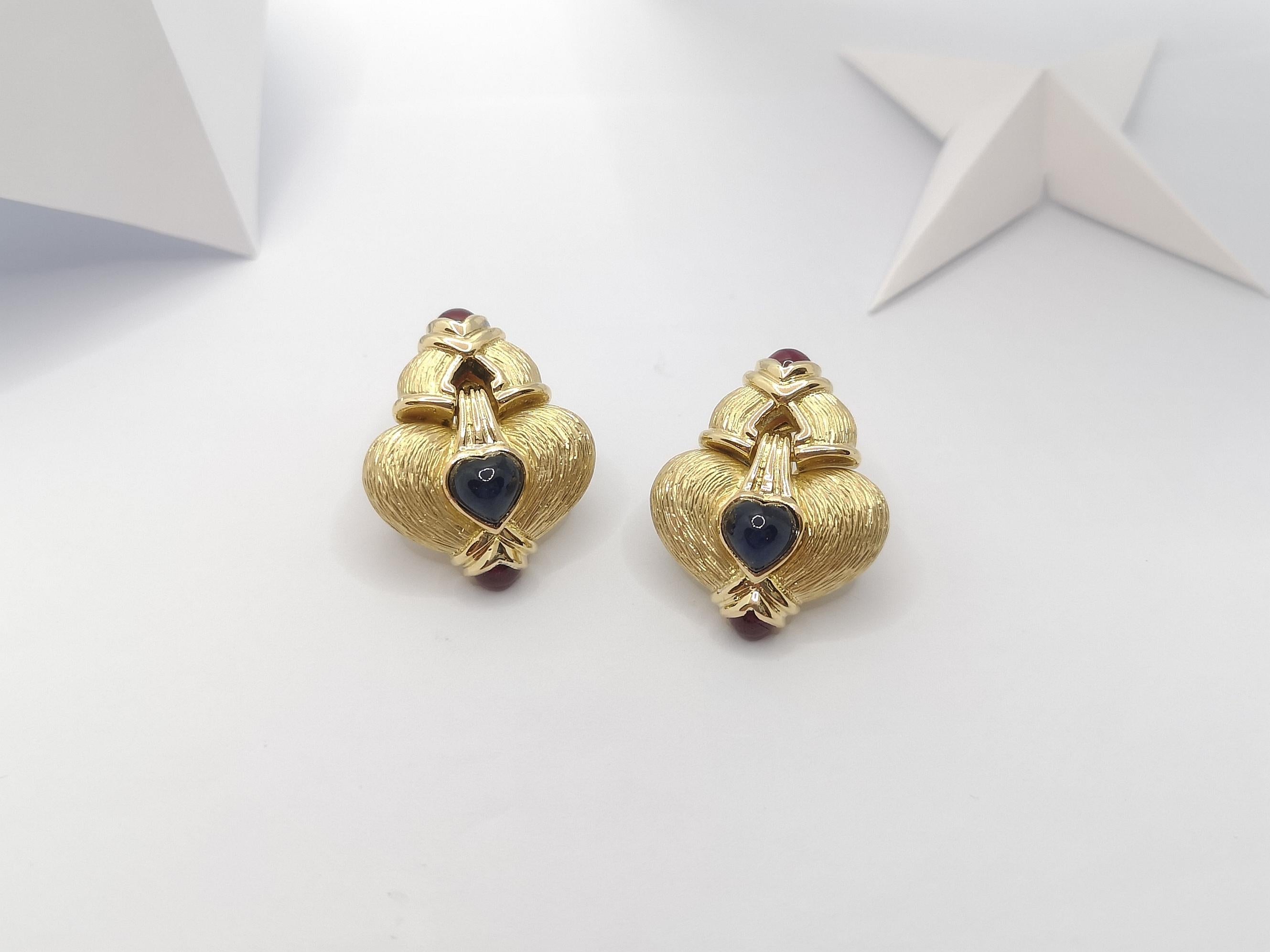 Cabochon Ruby with Cabochon Blue Sapphire Earrings Set in 18 Karat Gold Settings For Sale 2