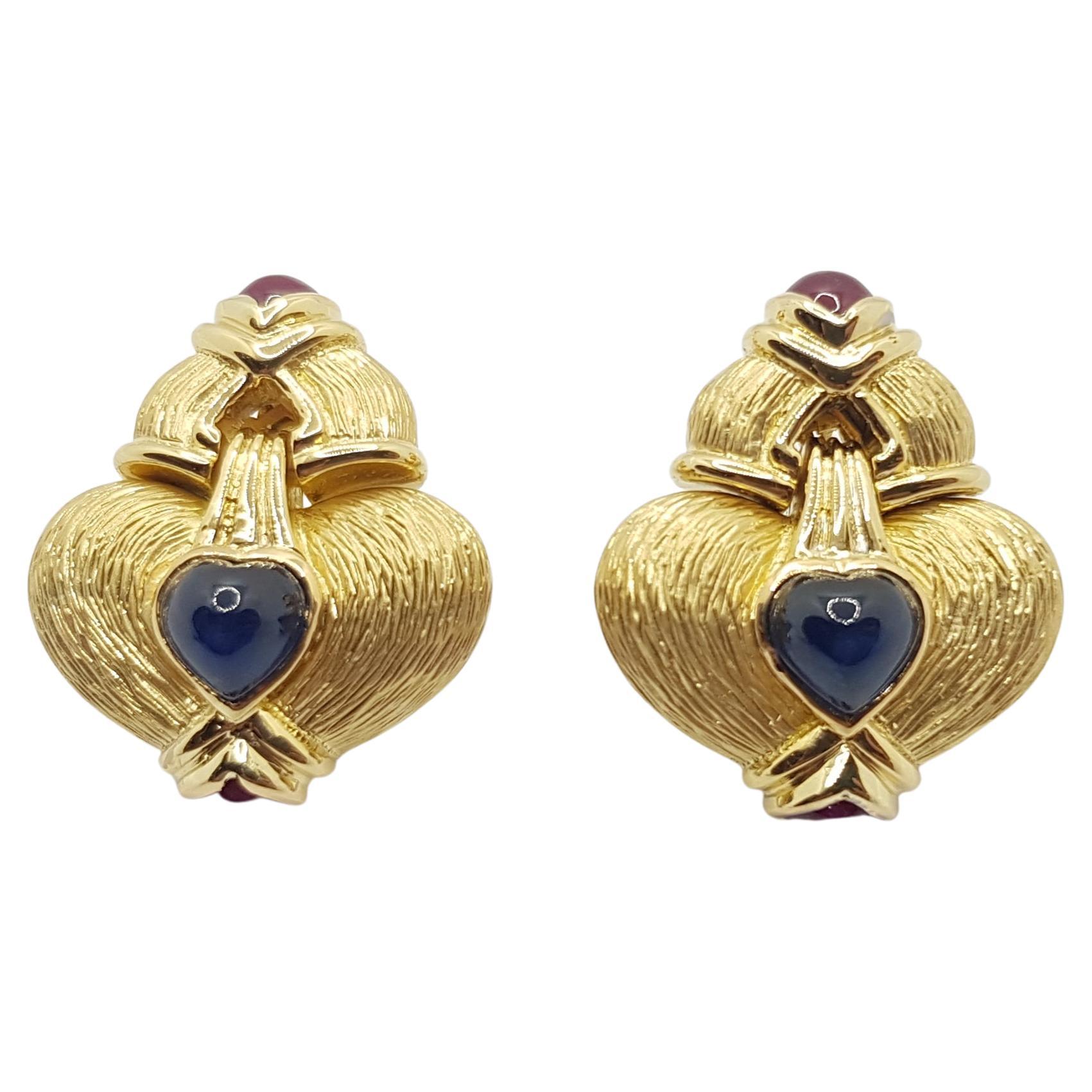 Cabochon Ruby with Cabochon Blue Sapphire Earrings Set in 18 Karat Gold Settings
