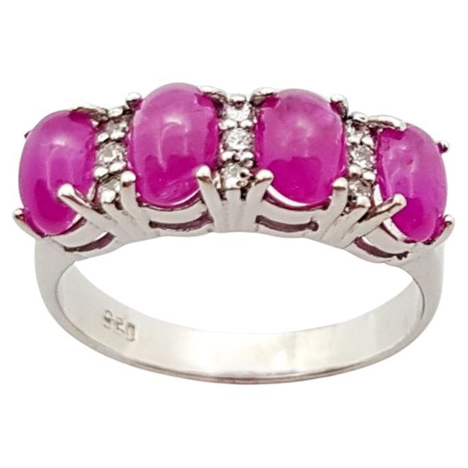 Cabochon Ruby with Cubic Zirconia Ring set in Silver Settings For Sale
