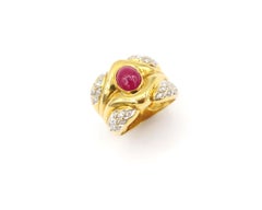Cabochon Ruby with Diamond 18 Karat Gold Men's Ring