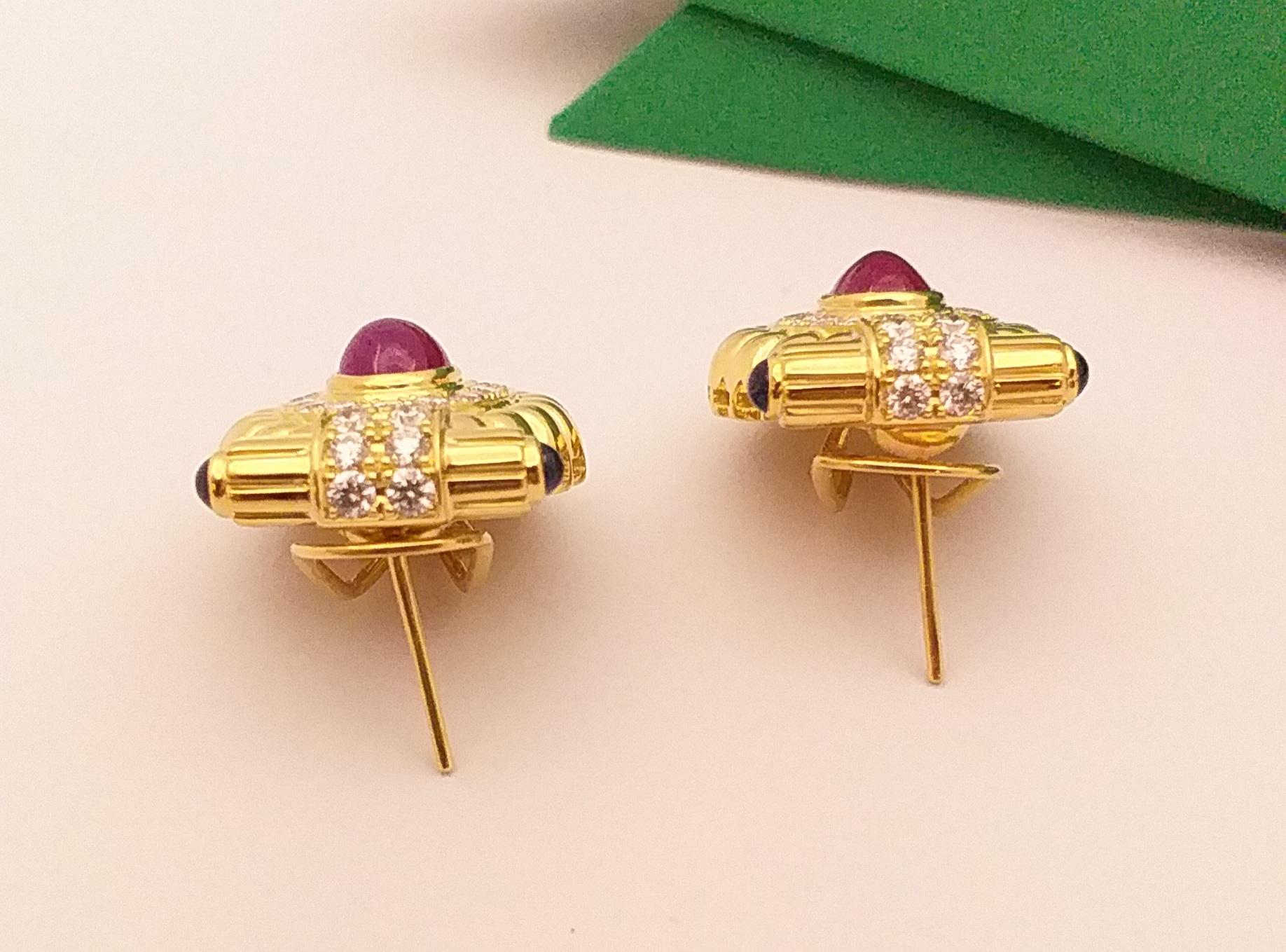 Cabochon Ruby with Diamond and Cabochon Blue Sapphire Earrings in 18 Karat Gold For Sale 5