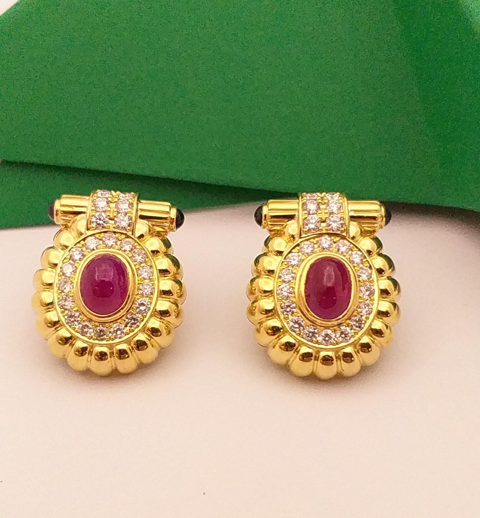 Cabochon Ruby with Diamond and Cabochon Blue Sapphire Earrings in 18 Karat Gold For Sale 6