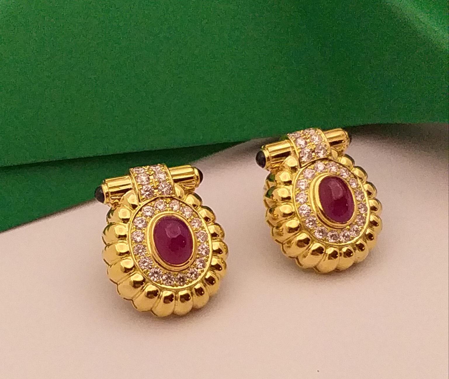 Cabochon Ruby with Diamond and Cabochon Blue Sapphire Earrings in 18 Karat Gold For Sale 7