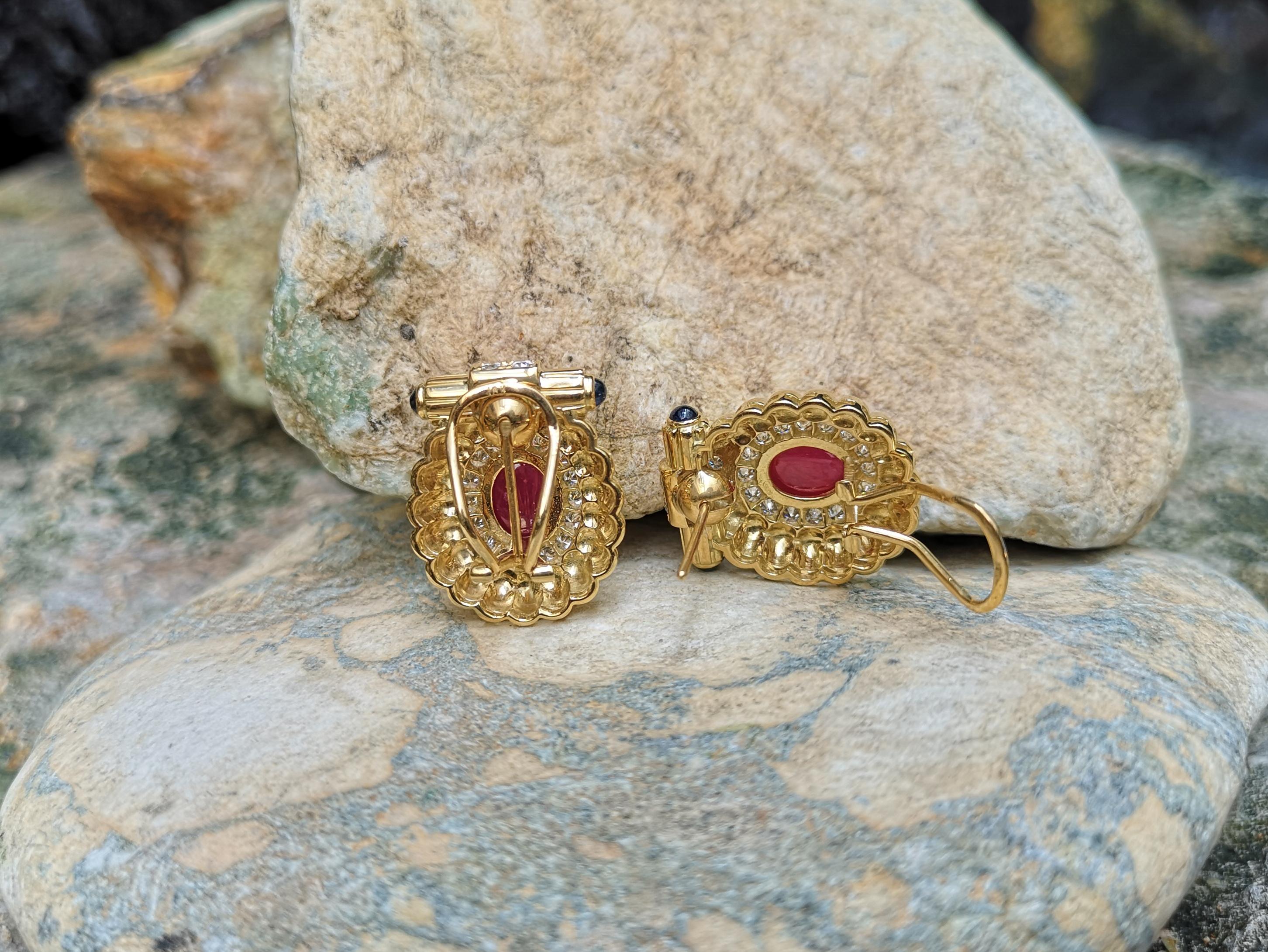 Cabochon Ruby with Diamond and Cabochon Blue Sapphire Earrings in 18 Karat Gold For Sale 1