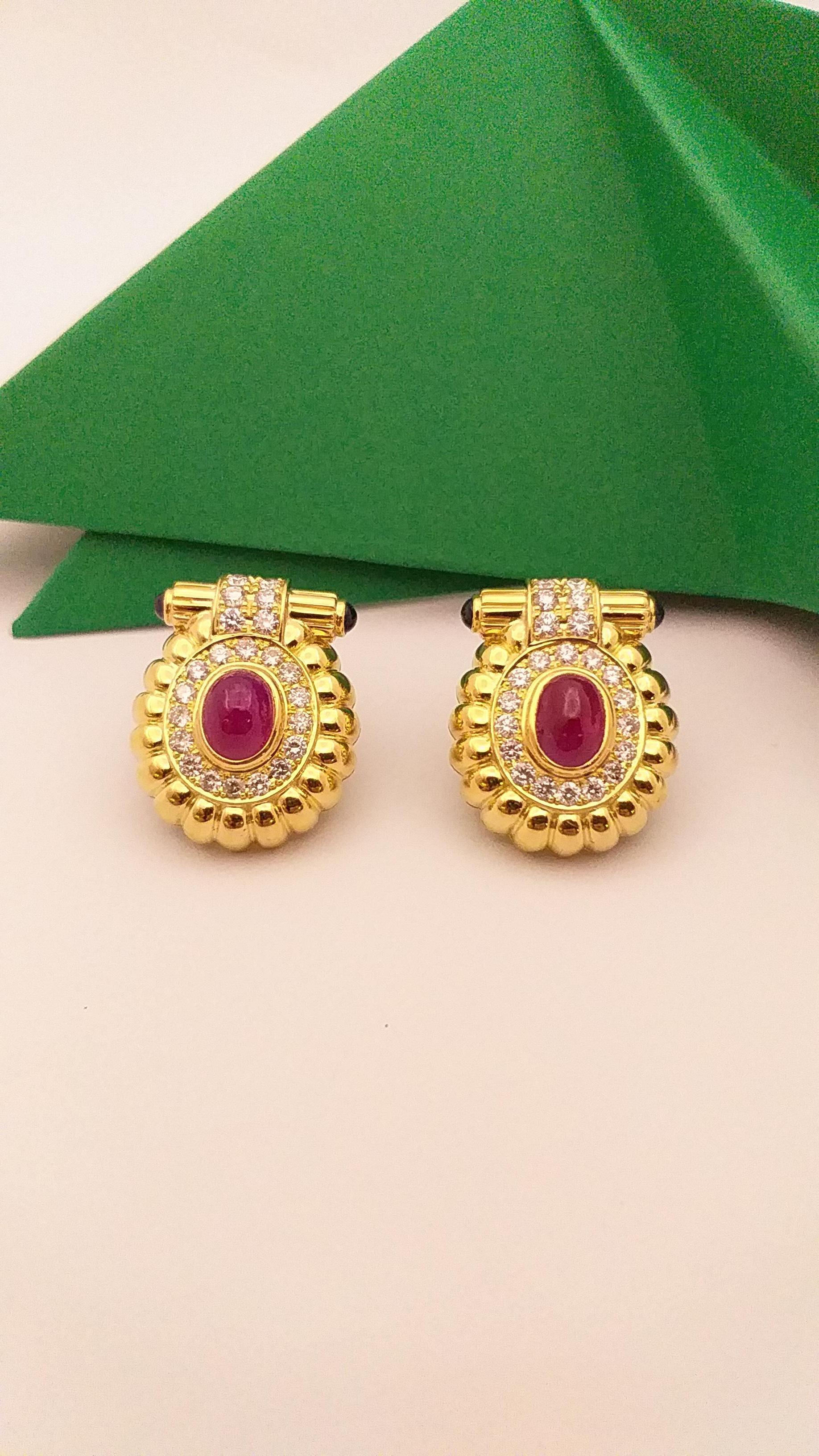 Cabochon Ruby with Diamond and Cabochon Blue Sapphire Earrings in 18 Karat Gold For Sale 2