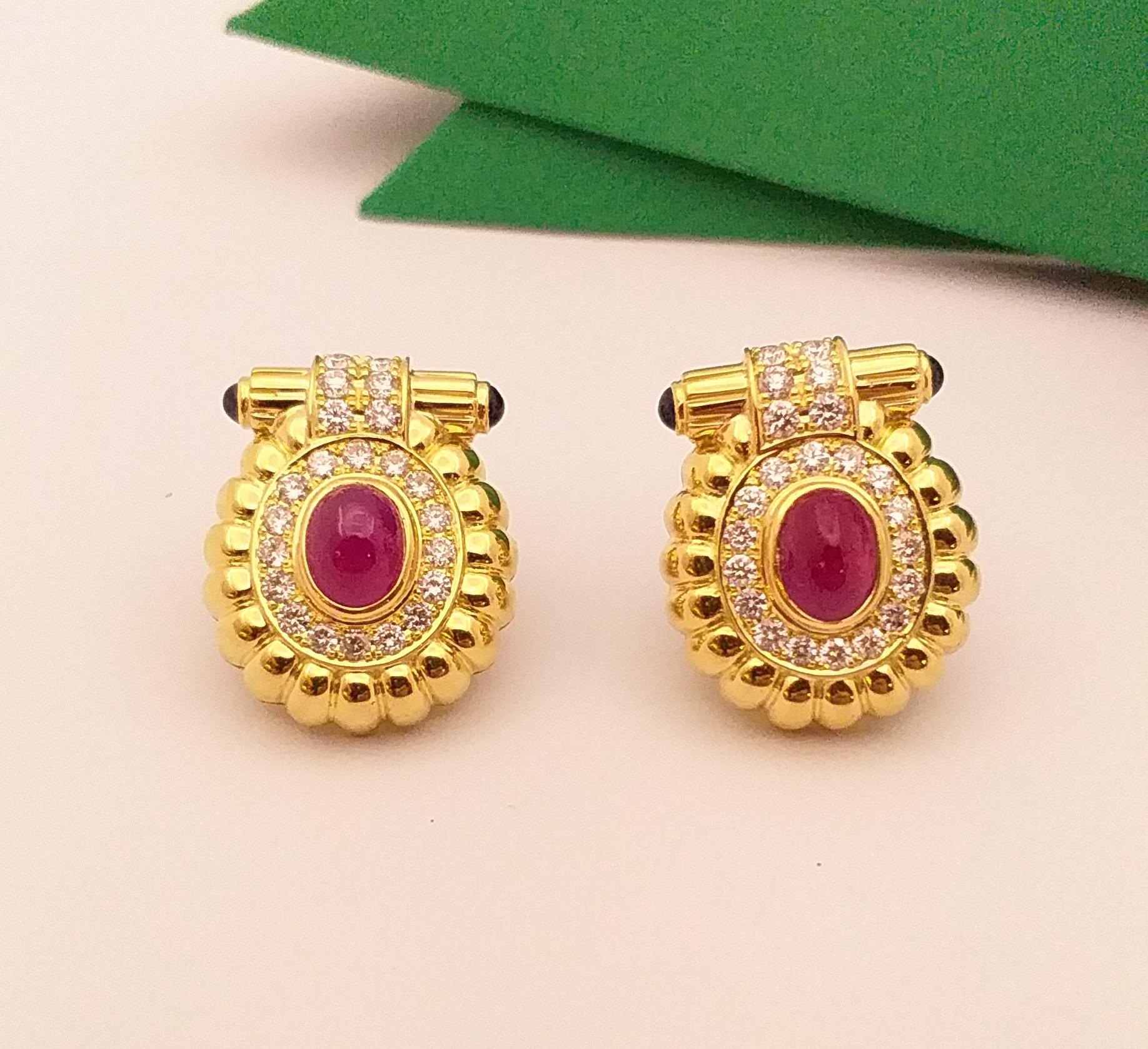Cabochon Ruby with Diamond and Cabochon Blue Sapphire Earrings in 18 Karat Gold For Sale 4