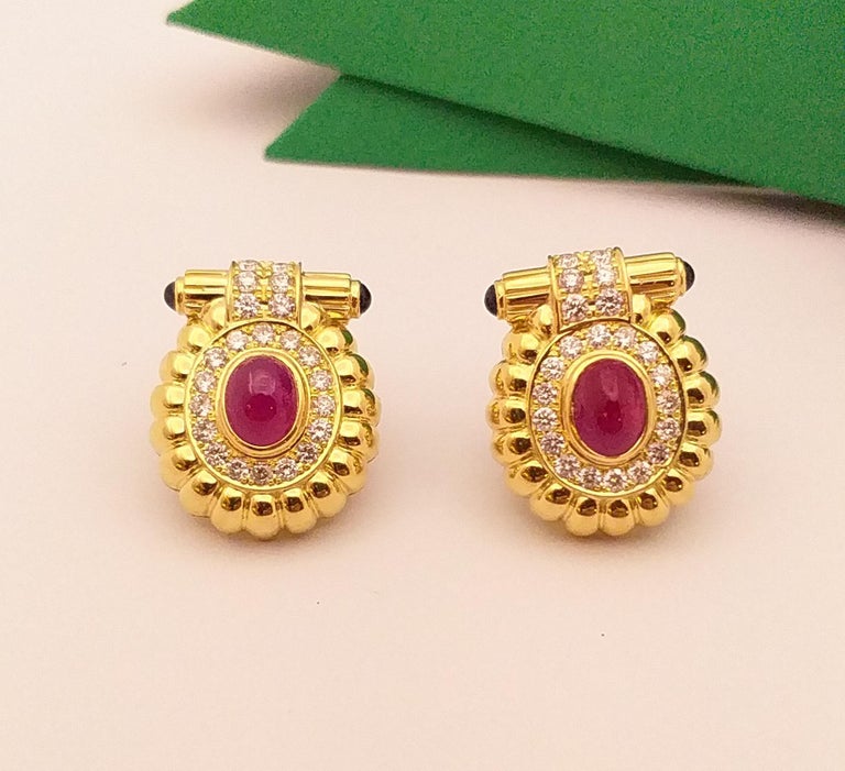 Cabochon Ruby with Diamond and Cabochon Blue Sapphire Earrings in 18 ...
