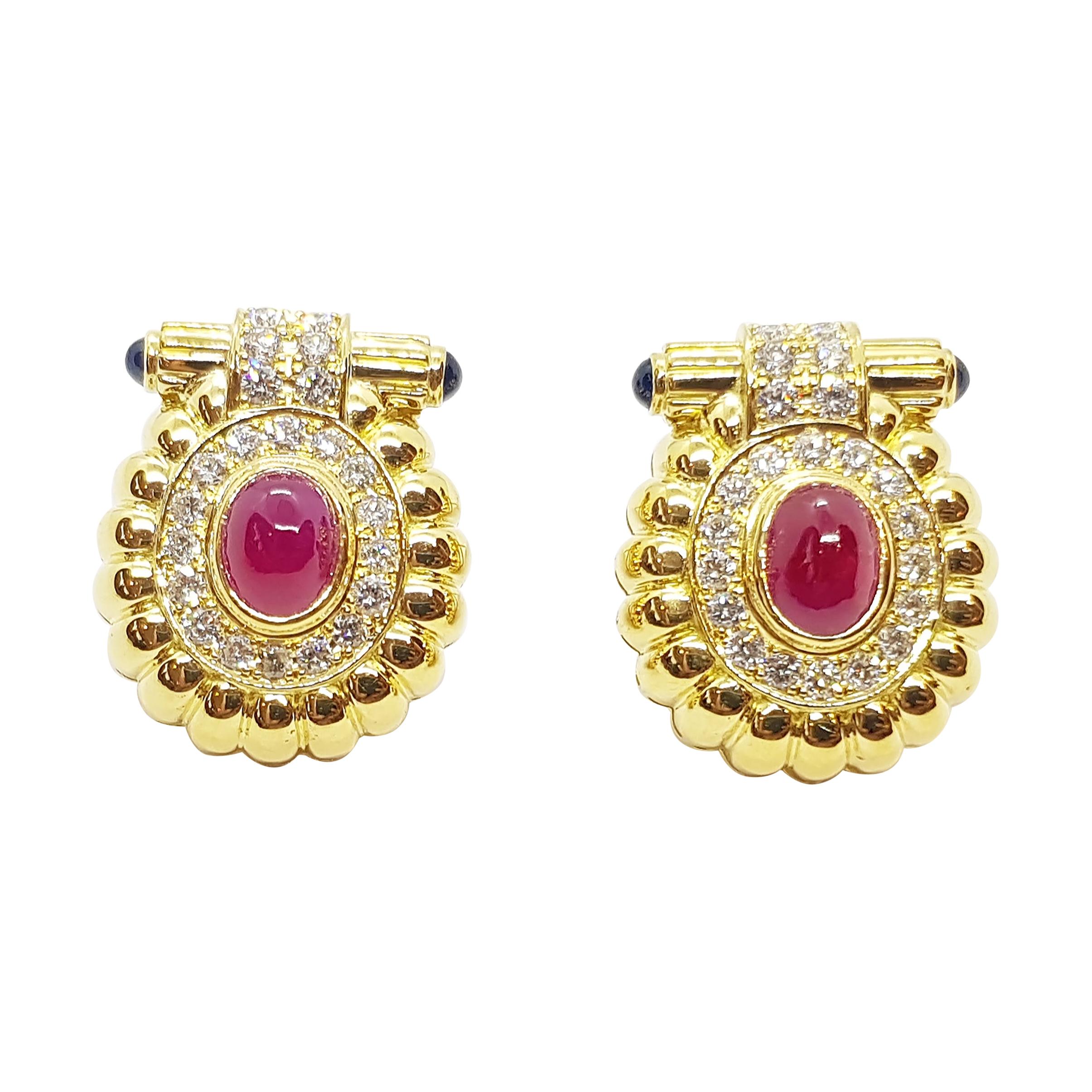 Cabochon Ruby with Diamond and Cabochon Blue Sapphire Earrings in 18 Karat Gold