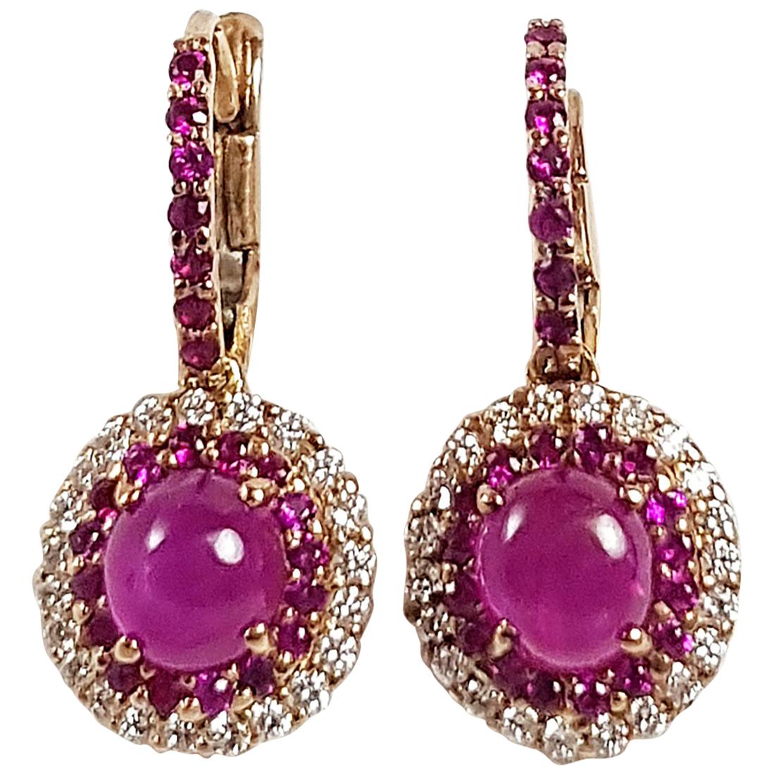Cabochon Ruby with Diamond and Pink Sapphire Earrings Set in 18 Karat Rose Gold For Sale