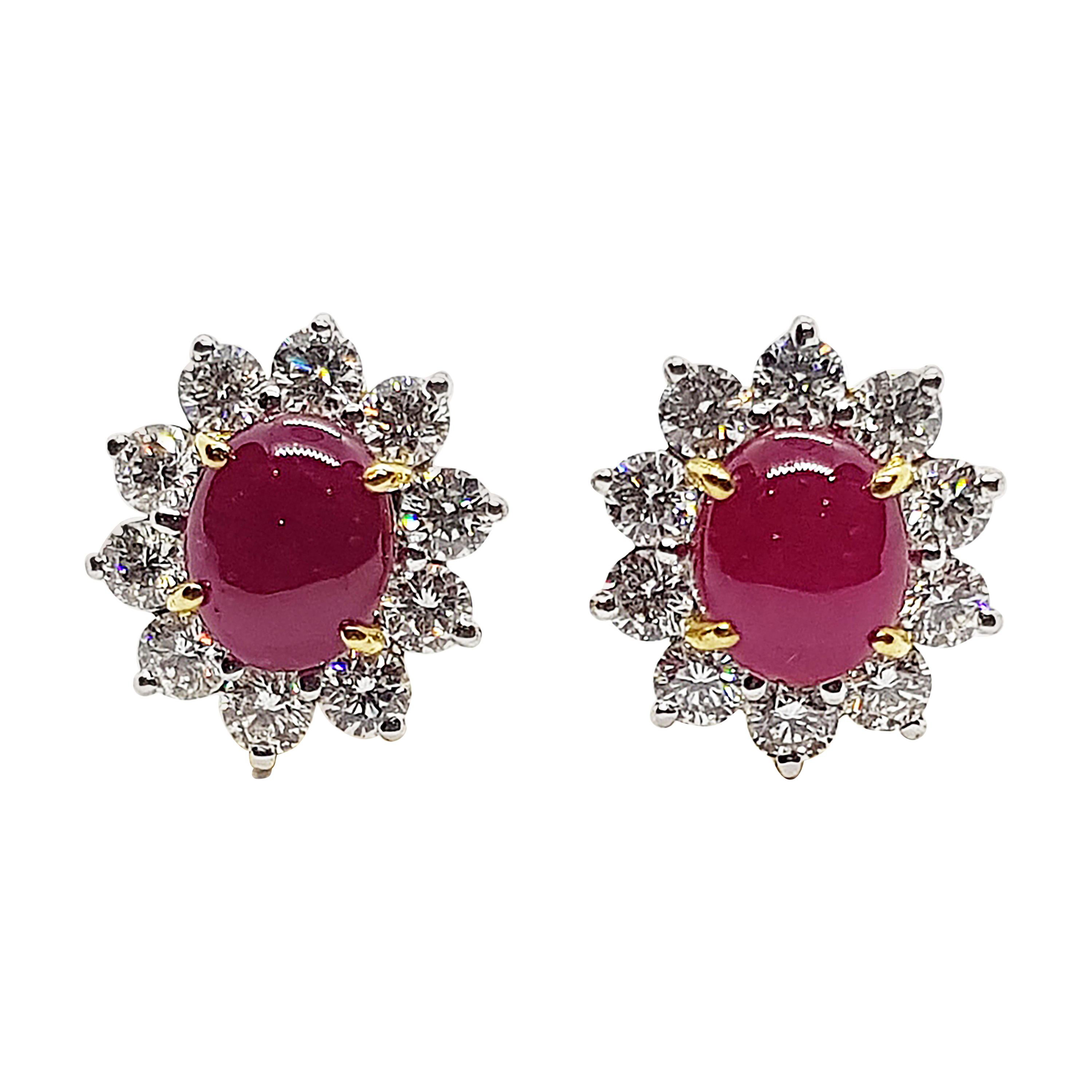 Cabochon Ruby with Diamond Earrings Set in 18 Karat Gold Settings For Sale