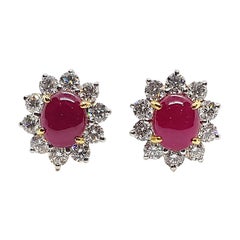Cabochon Ruby with Diamond Earrings Set in 18 Karat Gold Settings