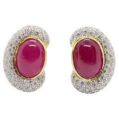 Cabochon Ruby with Diamond Earrings Set in 18 Karat Gold Settings