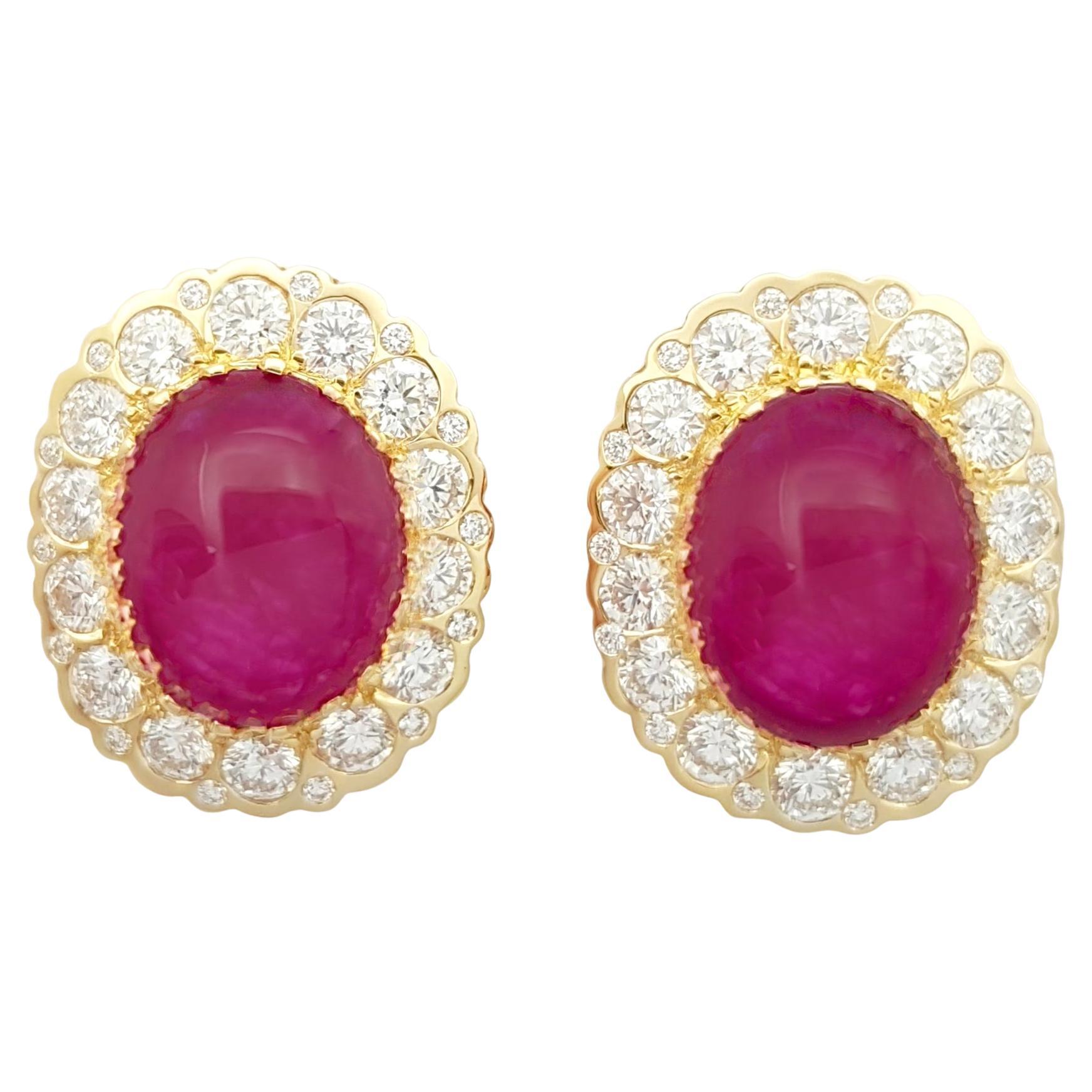 Cabochon Ruby with Diamond Earrings set in 18K Gold Settings
